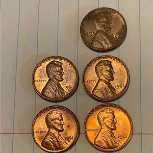 1961D/set of Two & 1961(No Mint)/set of Three Vintage Circulated Lincoln Pennies